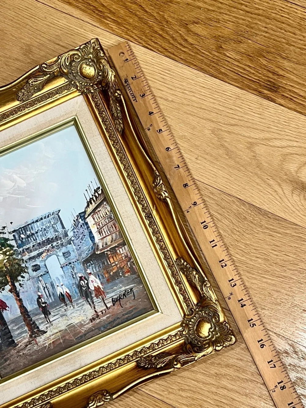 Vintage Oil Painting Parisian Street Gold Tone Ornate Frame 13" x 15" - Picture 12 of 14